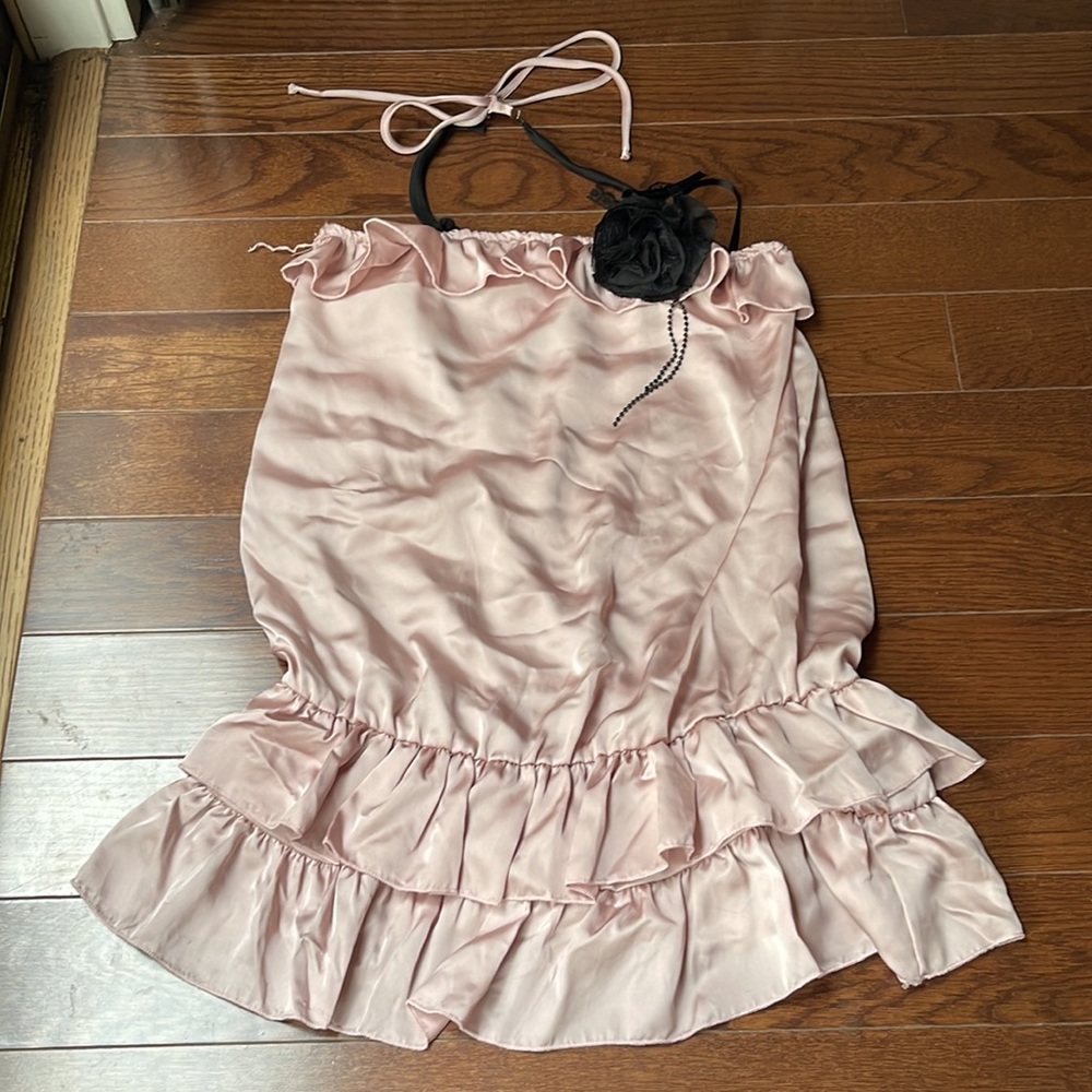 Easel Pink Satin Flower Accent Ruffle Top